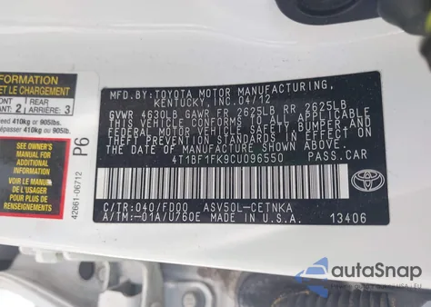 2012 Toyota Camry Le из США, поврежденный, VIN 4T1BF1FK9CU096550